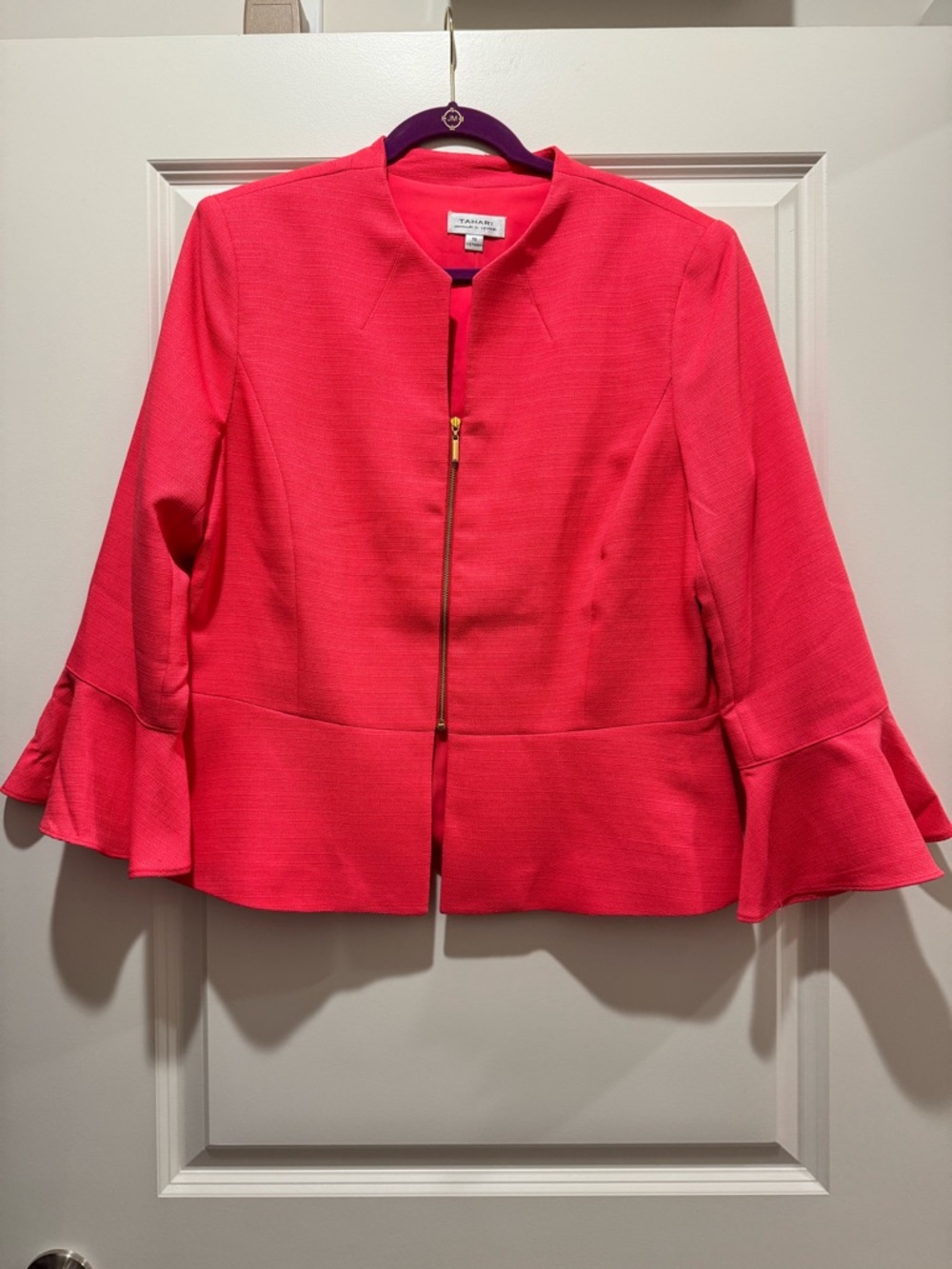 Tahari Vibrant Coral Bell-Sleeve Zip Jacket